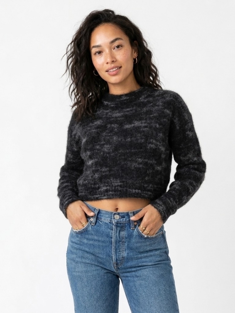 Everlane Cropped Cocoon Black Gray Alpaca Blend Crew Neck Sweater - XS
